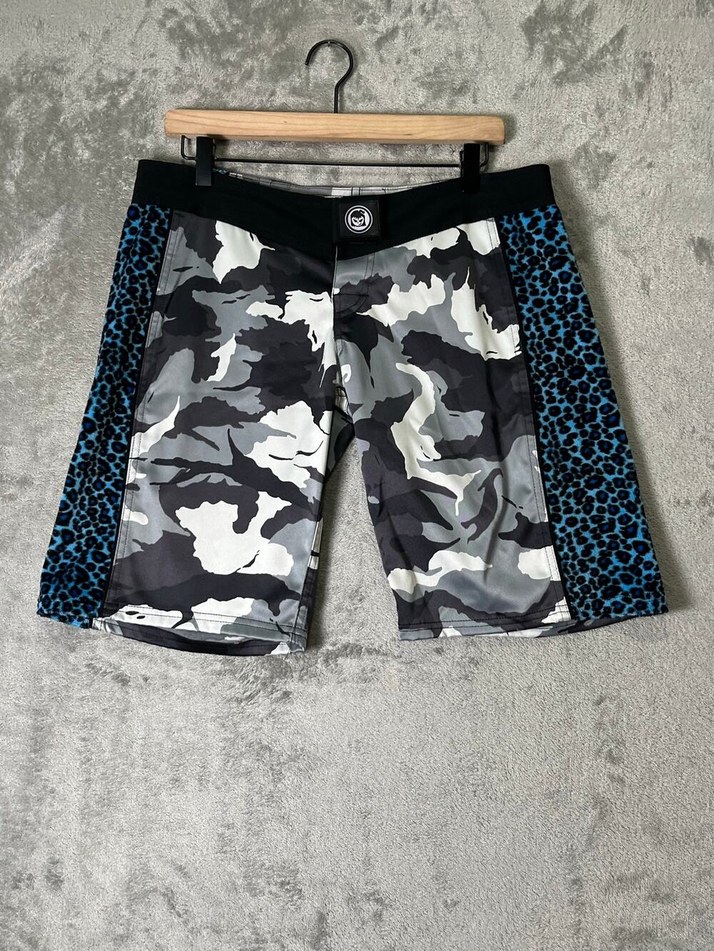 Vintage Y2k Camo Leopard Board Shorts Size 12 Brown Green Patchwork Tomboy Chic